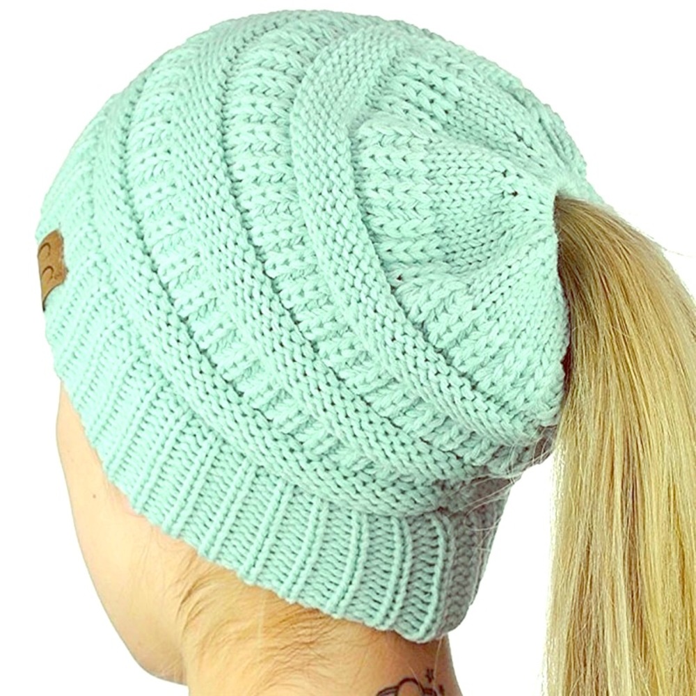 Aqua Messy Bun Knit Beanie Ponytail Hat